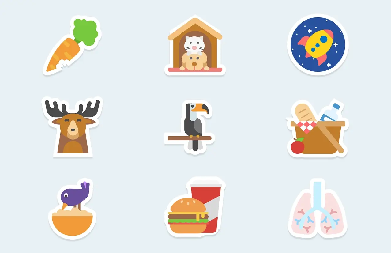 Flat icons and stickers for apps, websites, and print materials with playful and modern aesthetics.