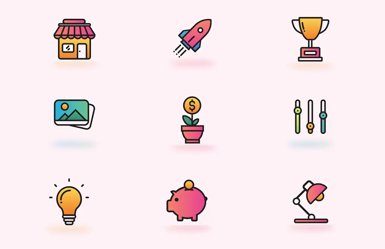 Linear colored icons with vibrant hues and sleek outlines for modern web and app designs.