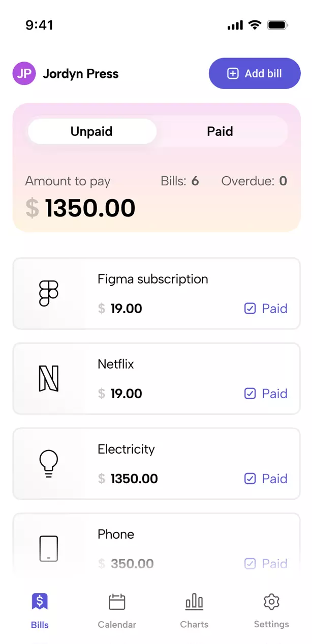 Bill Organizer & Tracker ios mobile app design emphasizing responsive and intuitive user interfaces